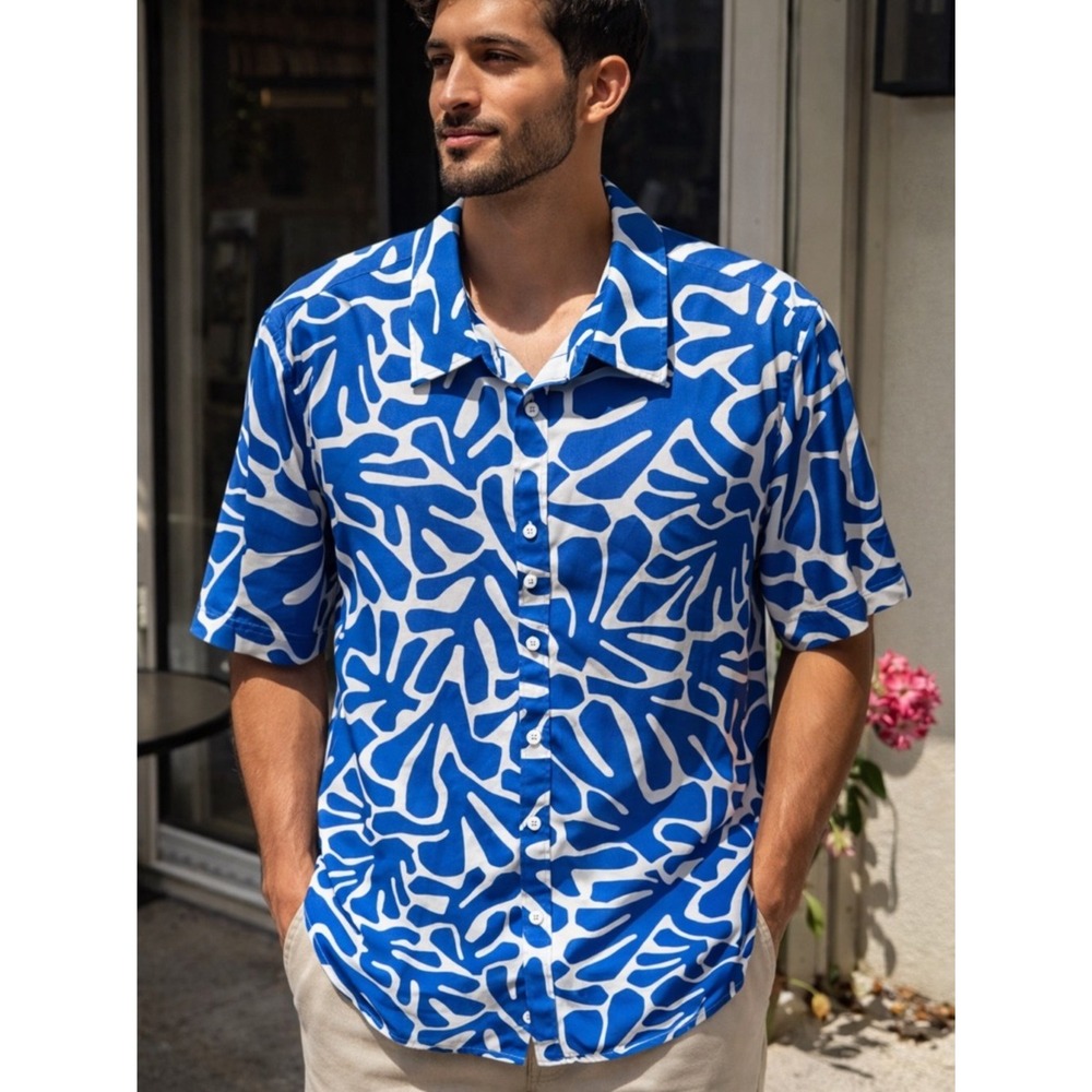 COOFANDY. Men's Blue & White Short-Sleeve Casual Button-Down Shirt. XXL